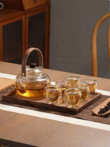 Striped Petal Handle Glass Teapot Set With Lid And Handle, Elegant Double-Layer Teapot Set, Heat-Resistant, Fashionable And Elegant, Large Capacity, Easy To Clean, Suitable For Gatherings, Home, Office, Picnics, Tea Lovers, Outdoor Activities, Brewing Herbal Tea (Random Style)