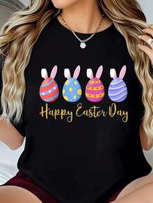 Easter Day Art-Shirt Happy Easter Day-Shirt Printed Round Neck Women-Shirt - Soft. Breathable. Short Sleeve Cotton Casual-Shirt] Graphic Tees Men Crop Tops Couple Tee Art Outfits Men-Shirt - 黑色 1pcs WOMEN2 - 查看 1