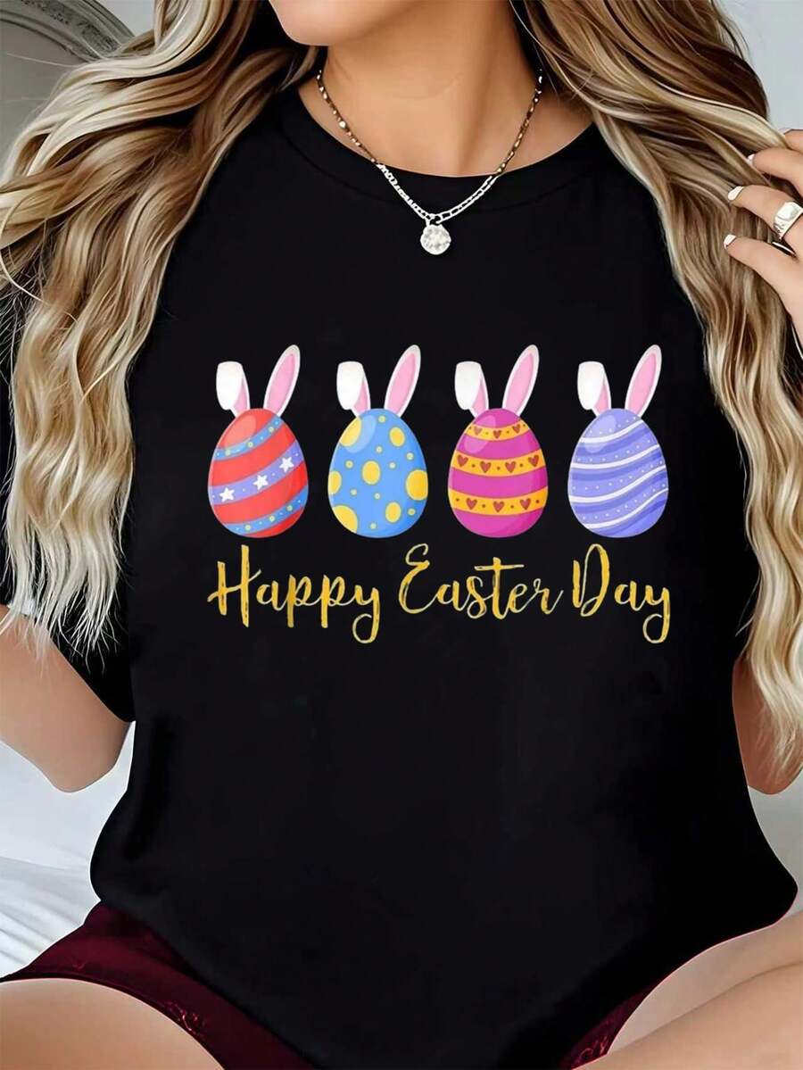 Easter Day Art-Shirt Happy Easter Day-Shirt Printed Round Neck Women-Shirt - Soft. Breathable. Short Sleeve Cotton Casual-Shirt] Graphic Tees Men Crop Tops Couple Tee Art Outfits Men-Shirt - 黑色 1pcs WOMEN2 - 查看 1