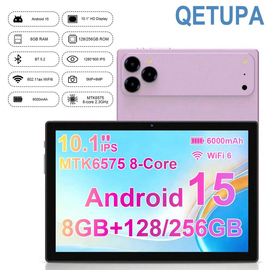 Qetupa Z30 平板电脑，2026 高端 10.1 英寸安卓 15 平板电脑，MTK6771 CPU，快速 8 核处理器，8GB 运行内存 + 128/256GB 机身存储（支持 1TB SD 卡），1280*800 高清 IPS 触控屏，5MP+8MP 双摄像头，6000mAh 电池，802.11ax Wi-Fi6，GPS，优质铝合金机身 - 圣诞节、万圣节、感恩节、周年纪念日、复活节及任何特殊场合的完美之选 - 淡紫色 - 查看 1