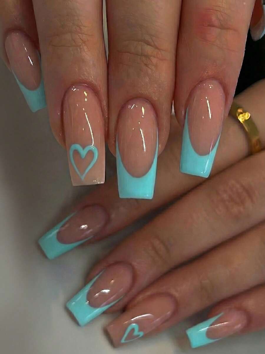 24 Stücke französische mittlere quadratische Nagel Aufkleber, fügen Sie süße Akzente zu Ihrem Leben hinzu. Blaues Herzmuster, französische Nagel Aufkleber passen perfekt, komplette Abdeckung Kunst Nagel Set beinhaltet 1 Aufkleber Bogen und 1 Mini Nagelfeile, geeignet für tägliche Dates, Büro, Zuhause Treffen, ideales Schmuckzubehör für Frauen. Set beinhaltet 1 Nagelfeile und 1 Gelee Gel. Nagel Zubehör - Kadettenblau - Übersicht 1