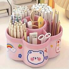 1pc Rotating Pen Holder Desk Organizer, High Capacity, Compartments, Suitable For Student, Children Desk, Creative Pen Rack, Minimalist Design, Random Sticker Pattern - Multicolor - View 4