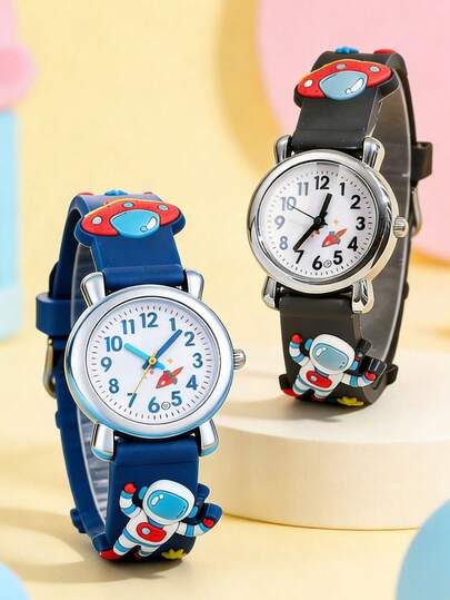 2pcs Kids' Astronaut & Flying Saucer Pattern Quartz Watch, Suitable For Daily Decoration Or As Christmas, Birthday, New Year Gift For Children