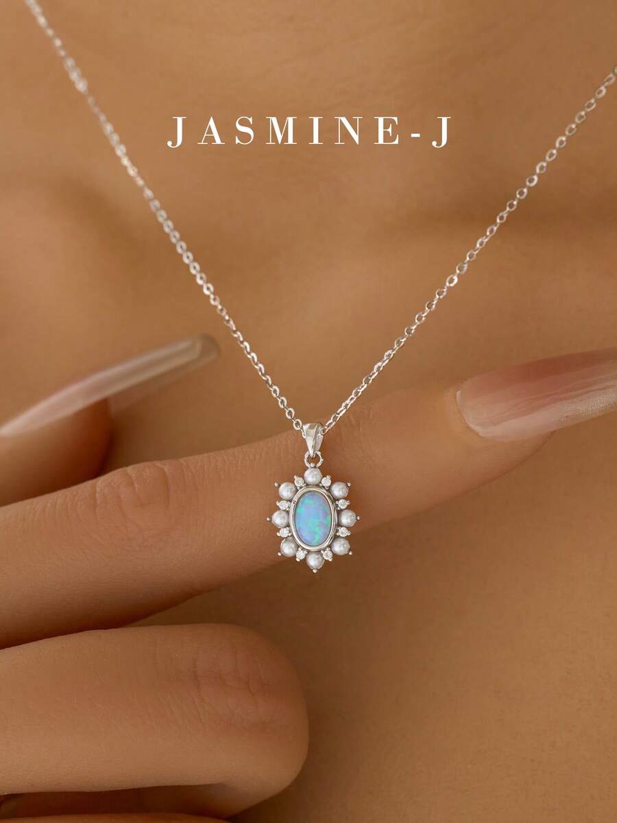 1pc 925 Sterling Silver Necklace With A Full Diamond, Pearl, And Opal Pendant. This Gold Necklace Is Sophisticated, Unique, And Simple Yet Elegant – A Perfect Valentine's Day Gift For Her.