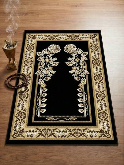 1件经典便携式可折叠祈祷垫，底部柔软带流苏，天鹅绒材质，海绵底，加厚防滑，可折叠设计，黑金伊斯兰风格图案，可机洗，适用于家庭、玄关、客厅，是礼拜、斋月和朝觐的理想之选，厚实奢华，室内使用，长方形，易于保养