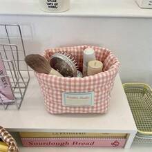 1 Piece Classic Checkered Love Pattern Storage Basket, Foldable Open Barrel Quilted Storage Basket, Multi-Scene Desktop Storage Basket, Suitable For Offices, Dormitories, Bathrooms, Schools, Portable Decorative Storage Containers, Suitable For Christmas Gifts - Pink - View 3