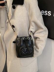 迷你多功能单肩包，时尚通勤包，口红包，菱形图案斜挎抽绳水桶包 - 黑色 - 查看 1