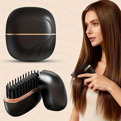 Multifunctional Mini Wireless Electric Hair Straightening Brush, Hair Straightener, Heat-Resistant Styling Tool. Compact And Portable, Provides 3 Adjustable Temperature Settings, Type-C Interface, Wireless Design, Easy To Use, 2000mAh Battery.