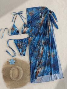 3pcs Women's Sexy Floral Print Bikini Set With Tie-Up Back And Mesh Skirt, Summer - Blue - View 3