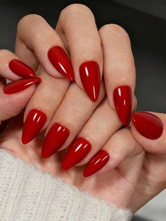 24 uñas postizas con forma de almendra - Uñas artificiales de color rojo sólido brillante minimalista de longitud media, adecuadas para el uso diario y ocasiones especiales de las mujeres, regalo perfecto para ella, regalo de técnica de manicura, suministros exquisitos para el arte de uñas.