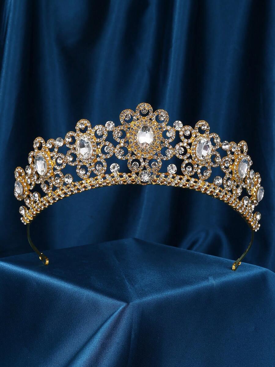 女士珠宝婚礼头饰和皇冠，金属公主皇冠新娘头饰，生日、十五岁生日庆典、选美比赛、舞会的优雅礼物 - 金色 - 查看 1