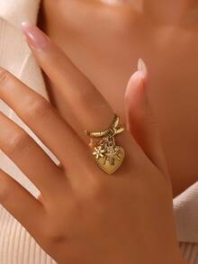 1件装 时尚设计 18k镀金不锈钢心形字母吊坠戒指 26 A-Z 字母花朵海星吊坠开口戒指 适合女性日常佩戴 珠宝礼品 - 戒指 . - 查看 2