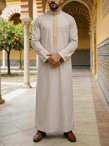 Bata larga de manga larga con cuello Mao bordado holgada para hombres, Kaftan musulmán casual y formal - Caqui - Ver 1