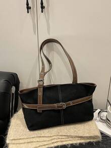 1pc Vintage Large Capacity Tote Bag, Commuter Oversized Underarm Bag, Fashionable Motorcycle Handbag, Suede & PU Patchwork Tote Bag With Strap Decor, Zipper Closure, Women's Shoulder Bag For Work, School, Travel, Shopping, Business, Suitable For Daily Use - Black - View 1