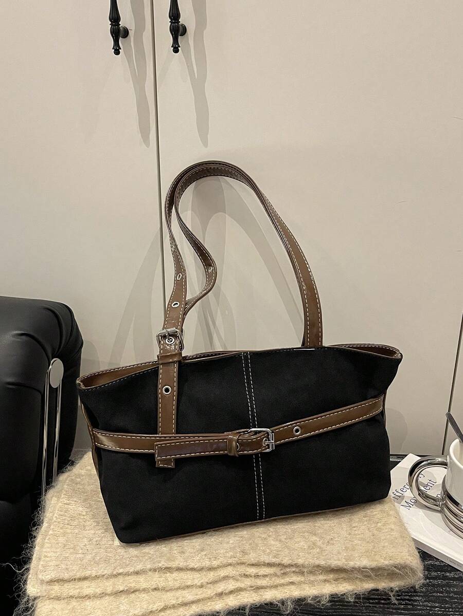 1pc Vintage Large Capacity Tote Bag, Commuter Oversized Underarm Bag, Fashionable Motorcycle Handbag, Suede & PU Patchwork Tote Bag With Strap Decor, Zipper Closure, Women's Shoulder Bag For Work, School, Travel, Shopping, Business, Suitable For Daily Use - Black - View 1
