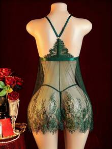 Sexy Transparent Tulle Lingerie Set - Underwired Bra (Without Padding), Thong Panties With Lace And Adjustable Straps - Verde - Xem 4