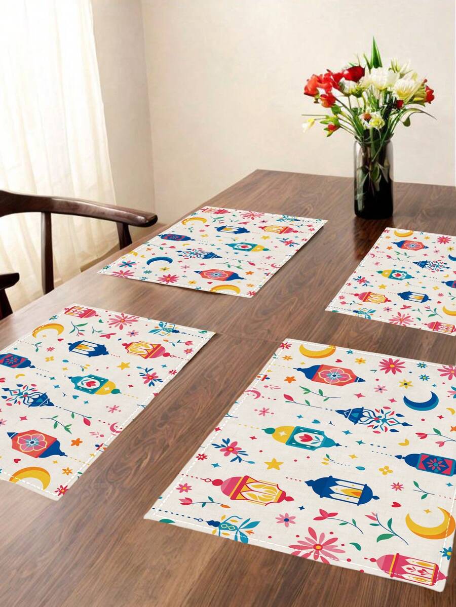 4Pcs Ramadan Placemats Colorful Cartoon Stars Moons Place Mats Kids Festival Family Iftar Party Table Mats - White - View 1