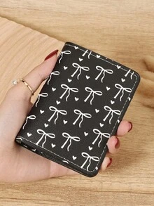 Schwarze Schleife Liebes Muster Mini Geldbörse Tasche Portemonnaie Mode minimalistisch Kartenhalter schlank leicht tragbar für Bargeld, Ausweis, Kreditkarte, Münzfach als Geburtstagsgeschenk, Jahrestags-Geschenk für Liebhaber, Frauen, Mädchen, Teenager, Studenten, Schüler, Männer - Schwarz - Übersicht 2