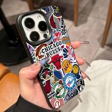 Estuche para teléfono con patrón de logotipos de equipos de baloncesto compatible con estuches para teléfonos   17  16 Pro Max  15 Pro Max  13 y  12 Resistente al agua, a caídas y rayones Una excelente opción para familiares, amigos, seres queridos, novios/novias y regalos de Año Nuevo - Negro - Ver 6