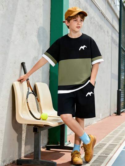 2pcs Boys' Seagull Logo Short Sleeve Top And Matching Shorts Set, Refreshing Sporty Casual Outfit For Outdoor Play, Summer