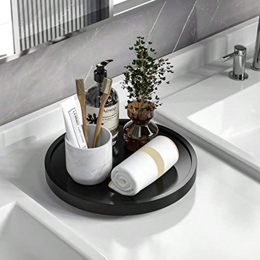 Turntable Vanity Tray 10 Inch For Perfume Candle Bamboo Kitchen Sink Countertop Organizer Keep Glass Sponge And Soap Bathroom Coffee Table Decorative Black VFLZ - 黑色+10英寸 x 10英寸 x 1.5英寸 - 查看 1