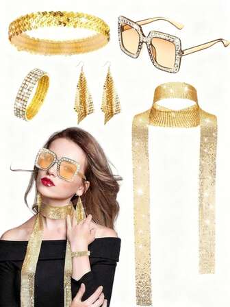 1970s Disco Accessories - Women's Disco Clothing Jewelry Sets, Headbands, Sequined Scarves, Sunglasses, Bracelets And Earrings (Black, Silver, Rose Red)