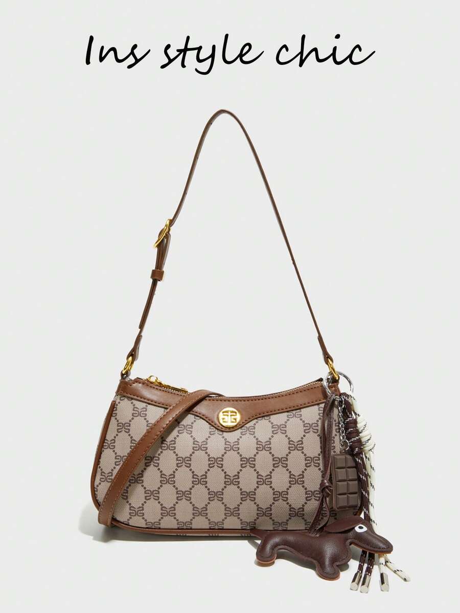 这款时尚、经典、百搭的纯色防水PU单肩包饰有腊肠犬饼干吊坠、法棍面包形状和通体印花，适合购物、通勤和社交场合。 - 咖啡 - 查看 1