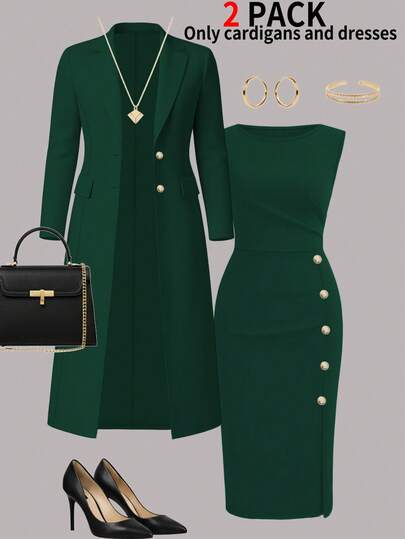 女士优雅秋冬两件套：纯色长袖开衫西装外套 + 无袖纽扣中长连衣裙