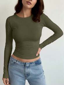 女士休闲修身圆领长袖T恤 - 軍綠色 - 查看 2