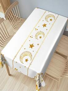 1pc White Background With Fine Gold Stars And Moons, Islamic Style, Simple And Elegant Festive Tablecloth For Holidays, Festival Party Decoration. Rectangular Tablecloth, Square Tablecloth. Suitable For Living Room, Dining Room, Outdoor Areas; Kitchen, Dining Table, Conference Table, Coffee Table, Dressing Table, Decorative Scarf, Home Decoration Tablecloth - Multicolor - View 4