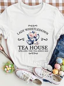 Tea House Pattern T-Shirt - Soft Pink Round Neck Short Sleeve, Casual Women's Top, Elegant Tea Cup And Floral Print Design, Perfect For Spring And Summer - White - View 5