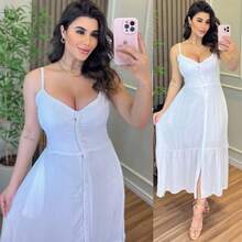 Long Crepe Dress With Built-In Bra And Buttons H-1 - Pearl White - View 1