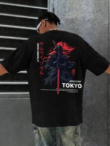 男士街头风宽松武士及英文印花圆领短袖T恤 | 精致设计 | 夏季必备 | 易于搭配 - 黑色 - 查看 1