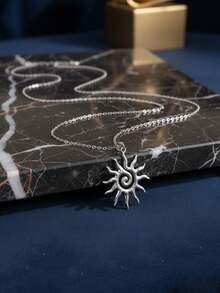 1 件银色不锈钢不褪色夸张太阳吊坠长项链，时尚适合日常佩戴、海滩、旅行