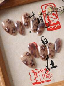 10pcs Cat Eye Flower Halo Pearl Style Short Fake Nails, Office Daily Wear Artificial Nails Kit Includes 1 Glue Sheet And 1 Mini File - Multicolor - View 2