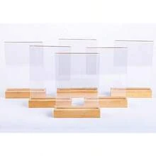 SET DE 6 PORTA MENUS BASE MADERA SOPORTE DE LETRERO DE ACRILICO ELEGANTE MODERNO SET DE 6 DOBLE CARA SOPORTE DE MADERA RESTAURANTES OFICINA BARES TABLERO DE MESA 3MM ESPESOR (1/2 CARTA (14X22CM)) - L - Ver 3