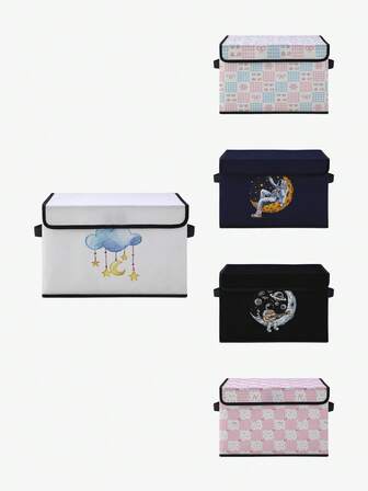 1pc Star, Moon, Bow Knot, Astronaut Printed Foldable Storage Bin With Handle, Multi-Purpose Storage Box For Nursery, Bedroom, Baby Clothes, Under Bed, Toy Storage