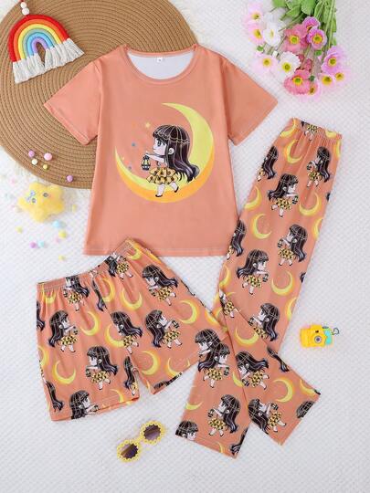 3pcs/Set Tween Girls Casual Cartoon Girl, Star, Moon, Lantern Print Round Neck Short Sleeve Tee And Shorts, Pants Children Ramadan Sleepwear Set, Flame Retardant, All Season