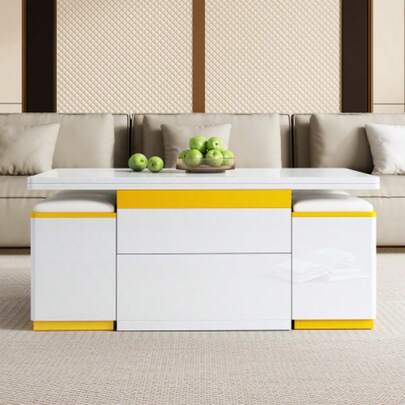 Modern White High-Gloss Coffee Table, Elegant Side Table, Height-Adjustable Multifunctional Coffee Table, Folding Dining Table/Living Room Furniture, 100 X 50 X 43 Cm (Length X Width X Height)