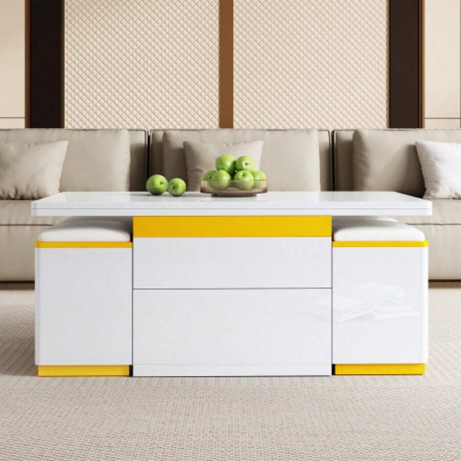 Modern White High-Gloss Coffee Table, Elegant Side Table, Height-Adjustable Multifunctional Coffee Table, Folding Dining Table/Living Room Furniture, 100 X 50 X 43 Cm (Length X Width X Height) - 白色 - 查看 1
