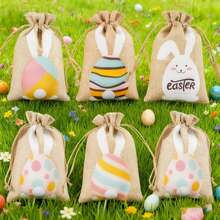 6/12 Piezas Bolsas de yute con cordón estilo Pascua, bolsas de yute con cordón de Pascua con diseño de conejito, bolsas de regalo de lino con cordones de yute dobles, bolsas de Pascua de yute con estilo de dibujos animados - Multicolor - Ver 4