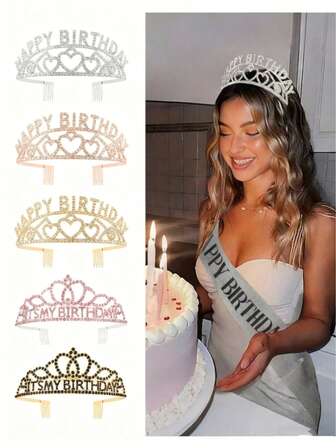 Silver Birthday Happy Crown, Queen Crystal Crown And Royal Princess Adult Headwear, Birthday Party, Masquerade Ball, Role-Playing Accessories Set, Photo Props