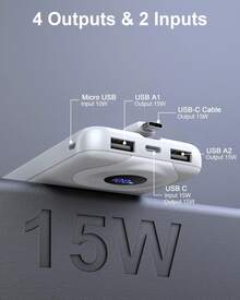 Sạc dự phòng 10000mAh sạc nhanh, có dây cáp tích hợp, 5V/3A, tốc độ sạc cao, 4 đầu ra, 2 đầu vào, màn hình LED, sạc dự phòng mỏng nhẹ cho iPhone 15/14/13, Galaxy S23/22, máy tính bảng, v.v., quà tặng ngày Valentine. - trắng - Xem 2