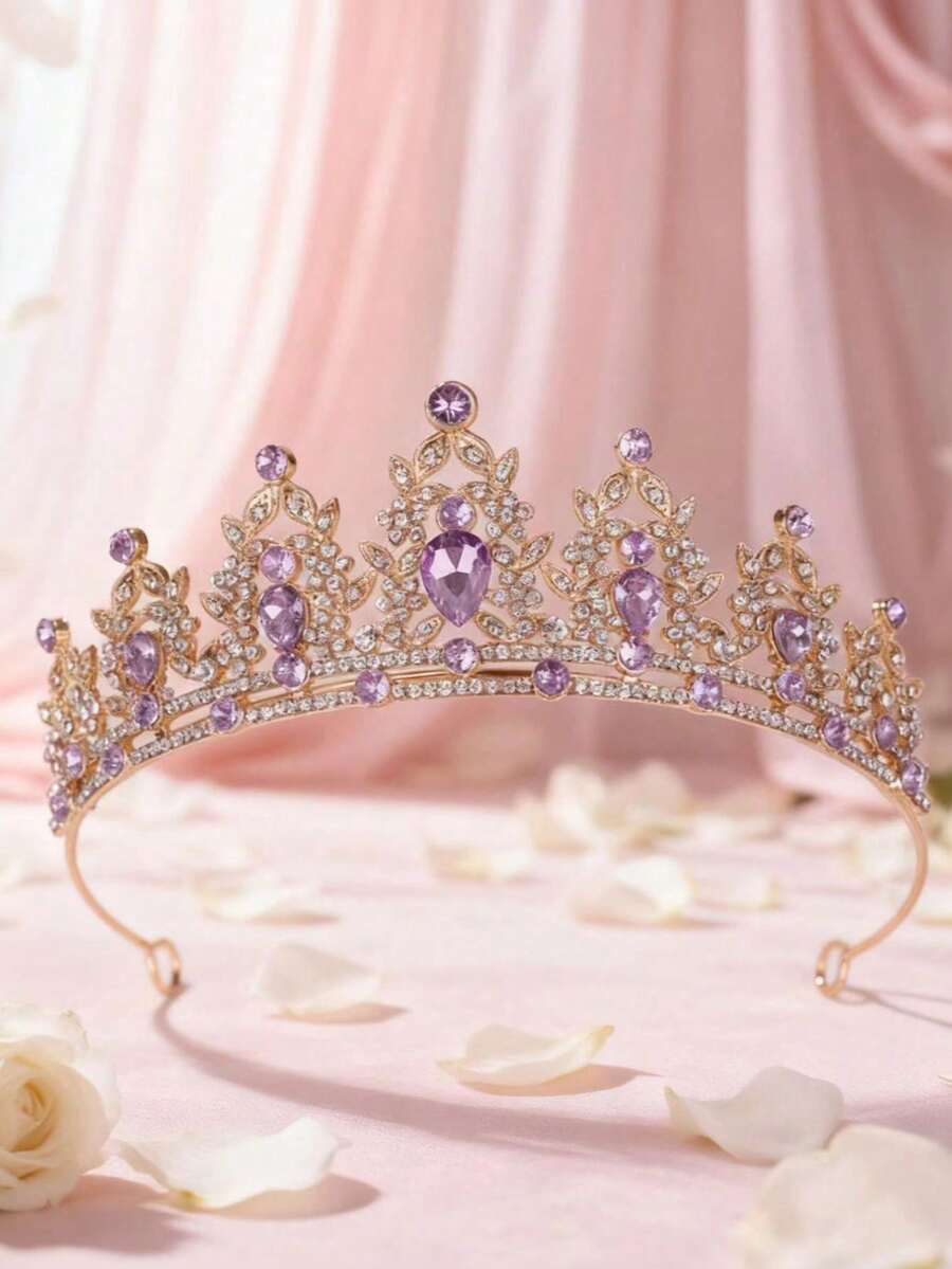 1件套女王皇冠/公主皇冠，适合女性和女孩佩戴，水晶发箍，适合新娘和公主，可用于婚礼、派对和情人节配饰 - 紫色 - 查看 1