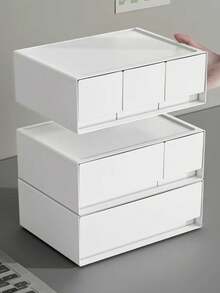Desk Stationery & Cosmetic Storage Box, White Plastic Drawer Organizer Box, Modular Stackable Makeup Jewelry Box, Stationery Organizer - White - View 3