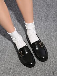 女士棕黑色翻盖口袋乐福鞋，圆头 - 黑色 - 查看 4