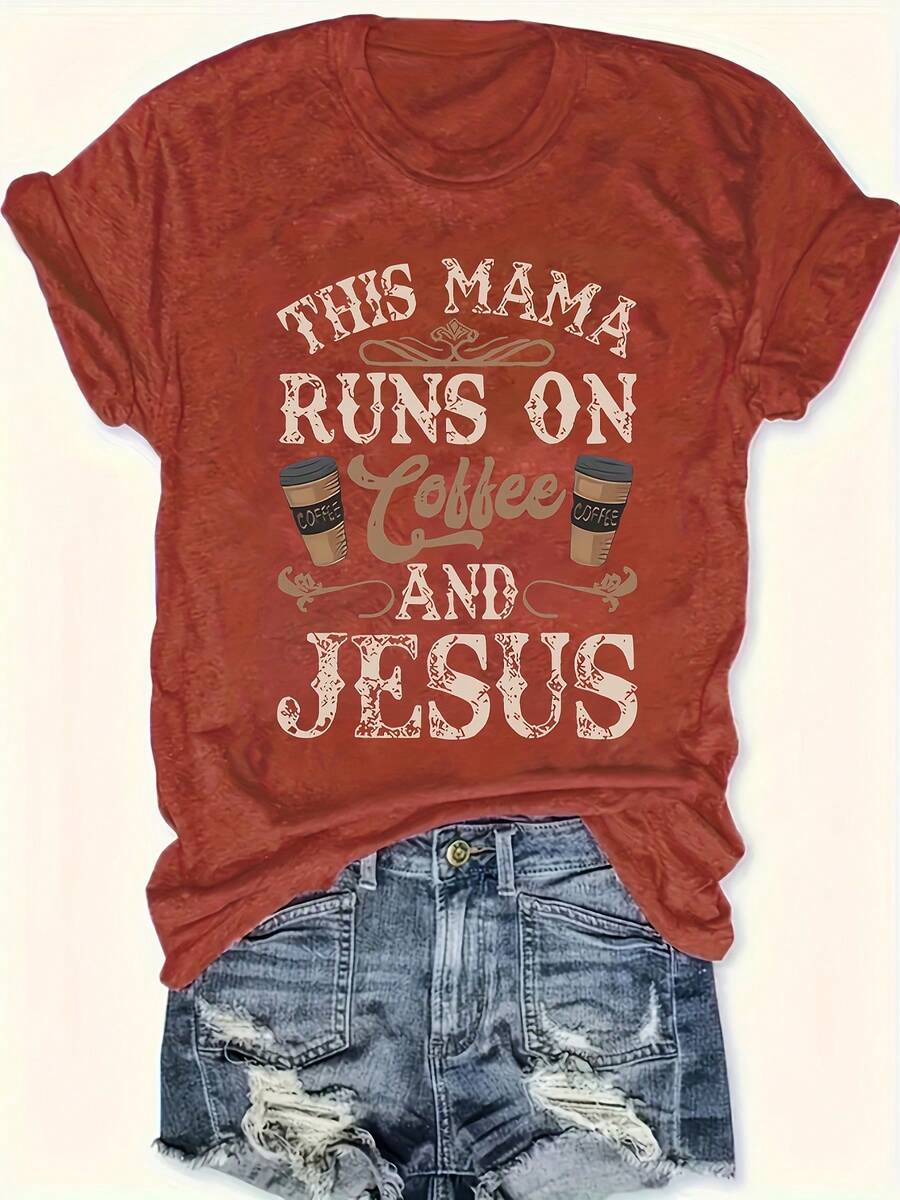 Shirt Letter Coffee Print Women's Short Sleeve Summer Fit Round Neck T-Shirt Loose And Comfortable Benito Bowl Tops - 磚紅色 - 查看 1