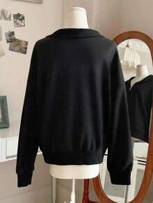 Women's Solid Color Drop Shoulder Long Sleeve Zip-Up Half Placket Casual Hoodie,Summer/Spring - 黑色 - 查看 2