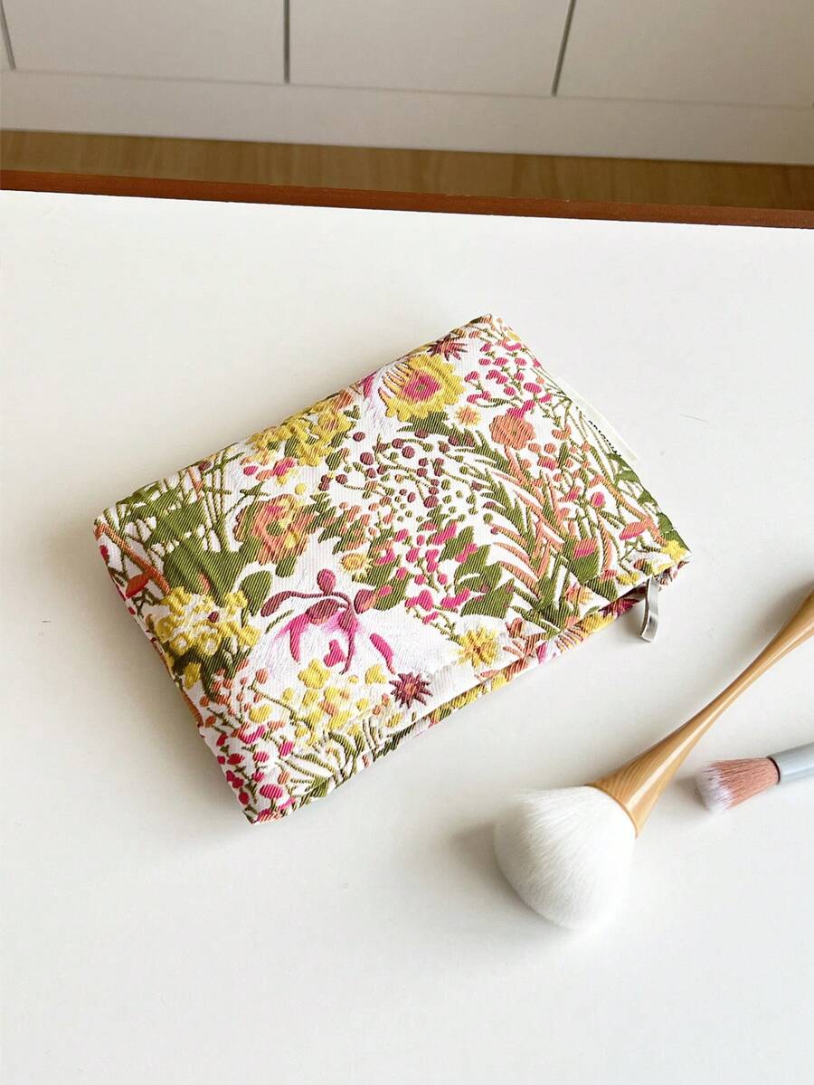 1pc Large Capacity Embroidered Knit Floral Cosmetic Bag, Essential For Travel And Parties,Pouch,Makeup Pouch,Travel Essential