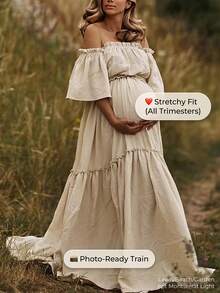 Maternity Solid Color Ruffle Off-Shoulder Photoshoot Dress - Apricot - View 1